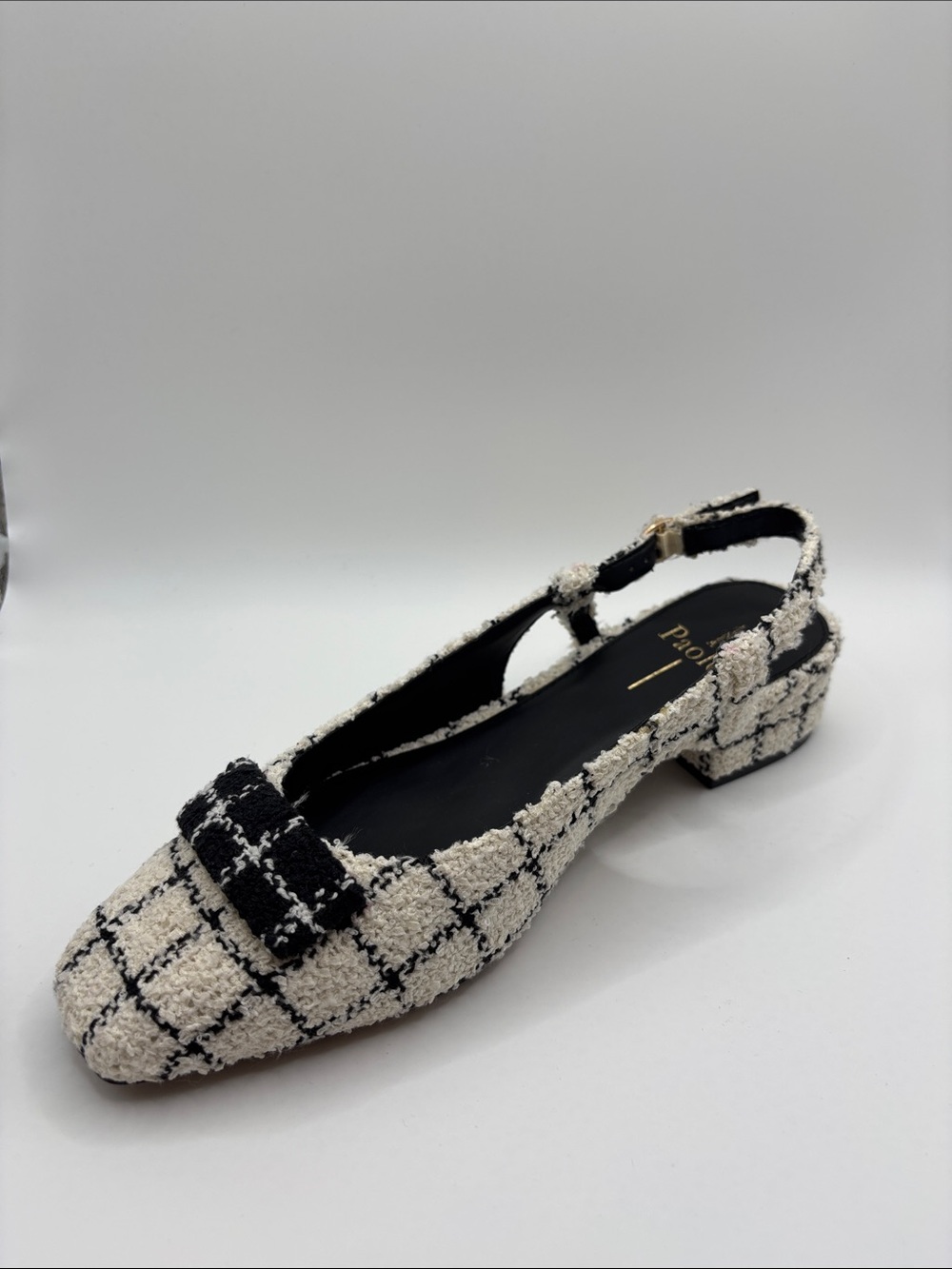 Paolo Black & Cream Tweed Slingback Block Heel Mule